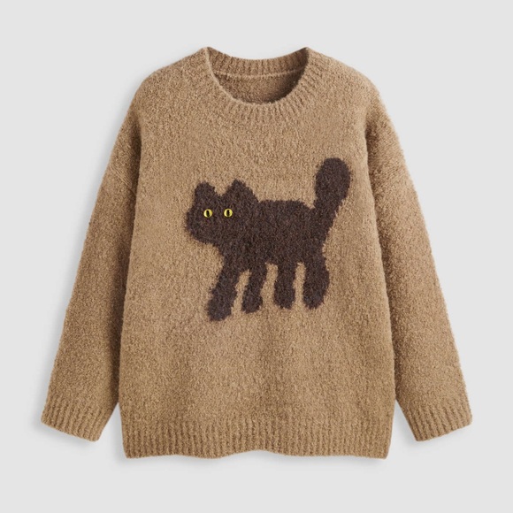 Cider Tan Sweater with Brown Kitty with Green Eyes - Picture 1 of 5